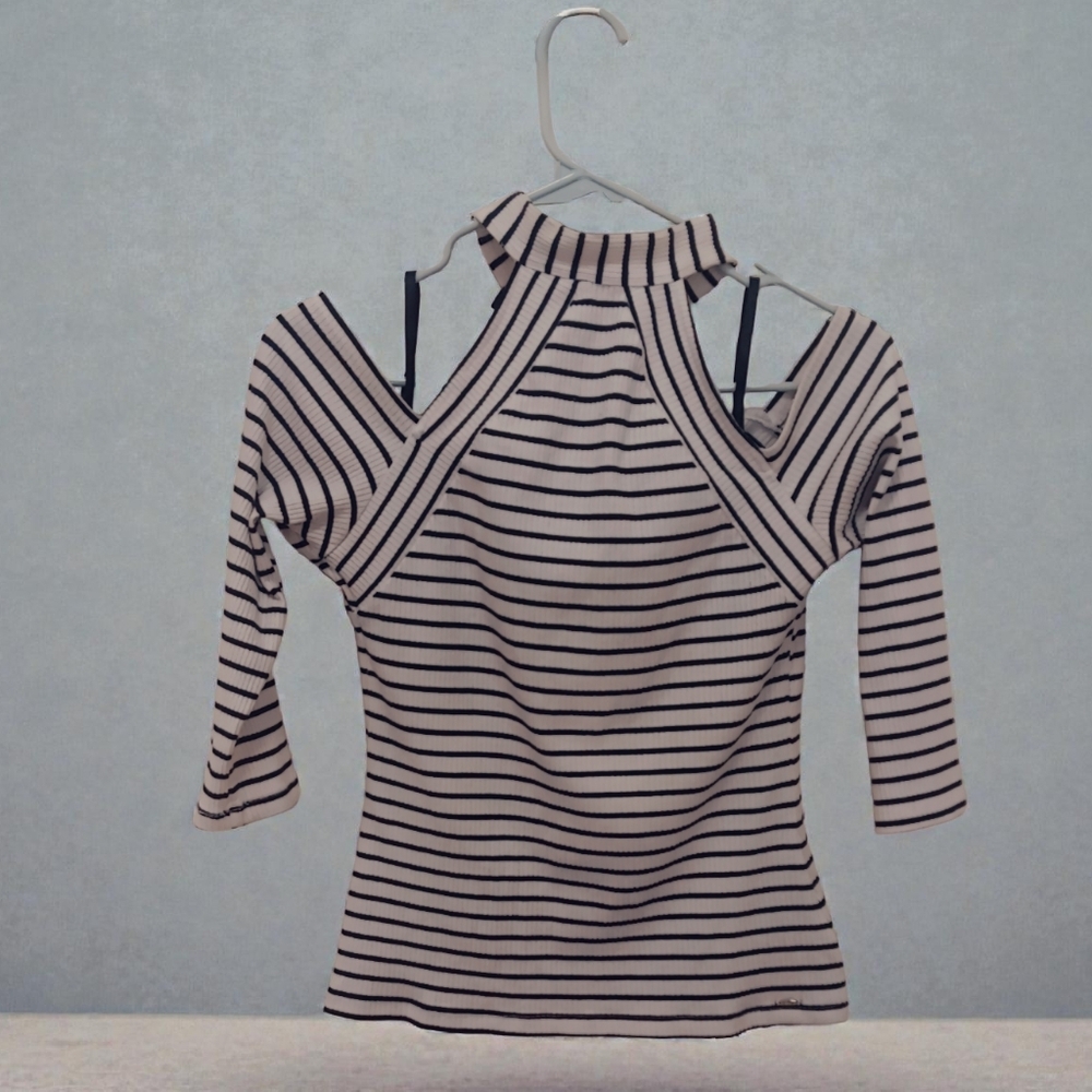 "Bebe" Black and Cream Striped Cold Shoulder Blouse